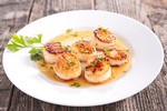 Seared Diver Scallops with Roasted Grapes, Crispy Fried Leeks and Maple Glaze